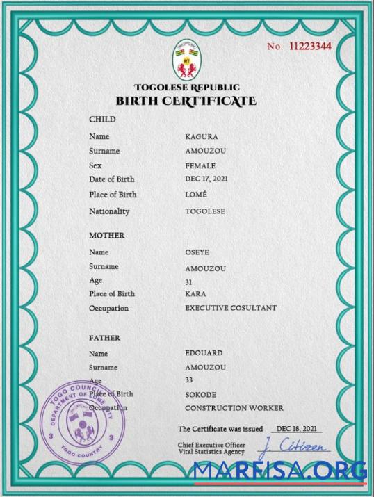 Realistic Togo birth certificate PSD template